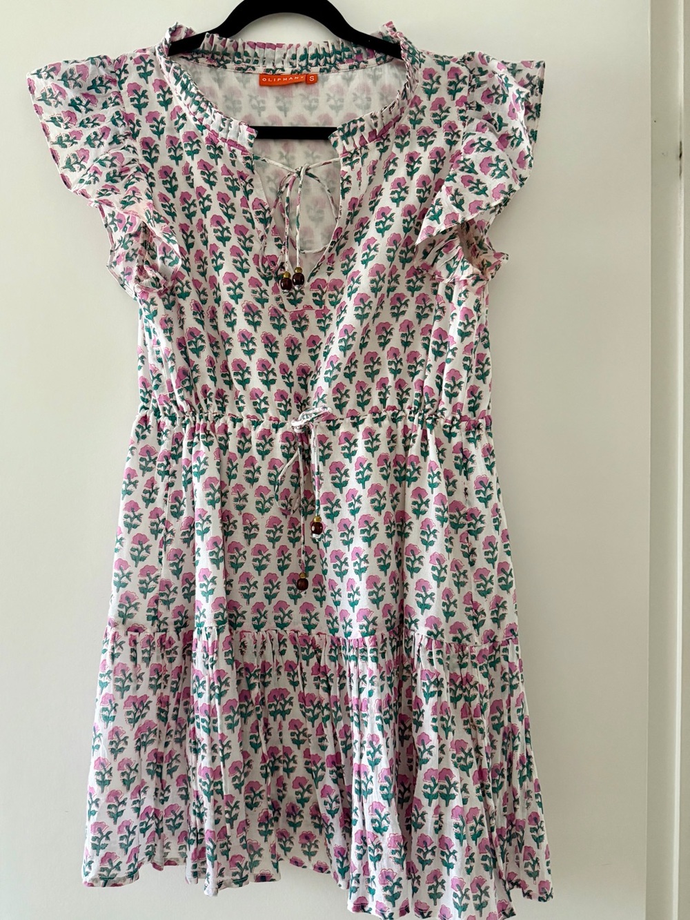 Oliphant Ruffle Short Sleeve Cotton Dress - Pink & Green Sz Small